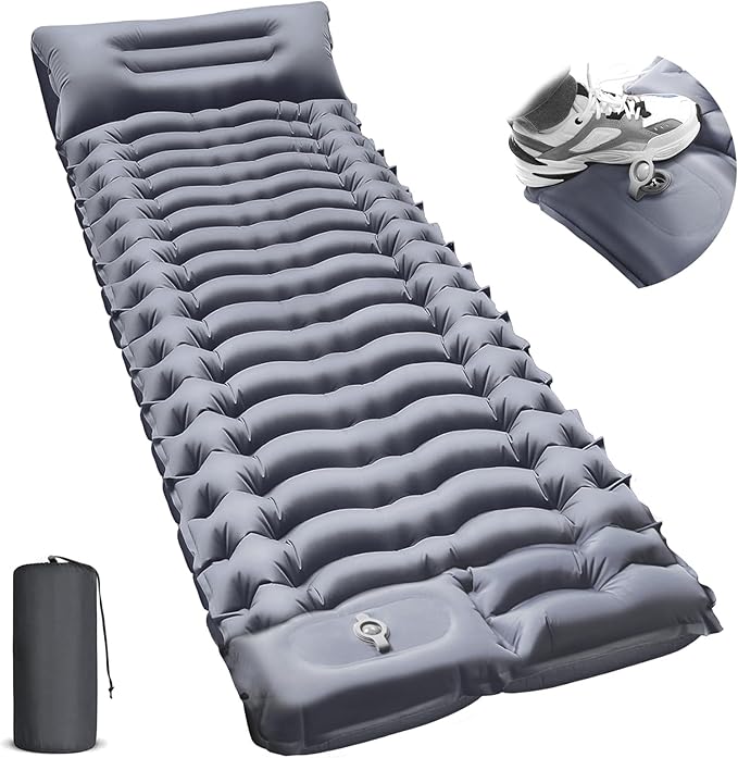 Sleeping Pad for Camping -Ultralight Inflatable Sleeping Mat with Pillow Built-in Foot Pump Compact &amp Lightweight Camping Mattress Pad for Camp Backpacking Hiking Travel Tent (Grey)