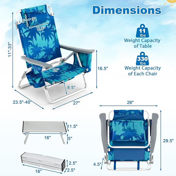 Giantex Folding Beach Chair Patio Sling Chairs with 5 Adjustable Position Head Pillow Storage Bag Towel Bar Cup Holders Backpack Chairs for Sunbathing Camping Chair