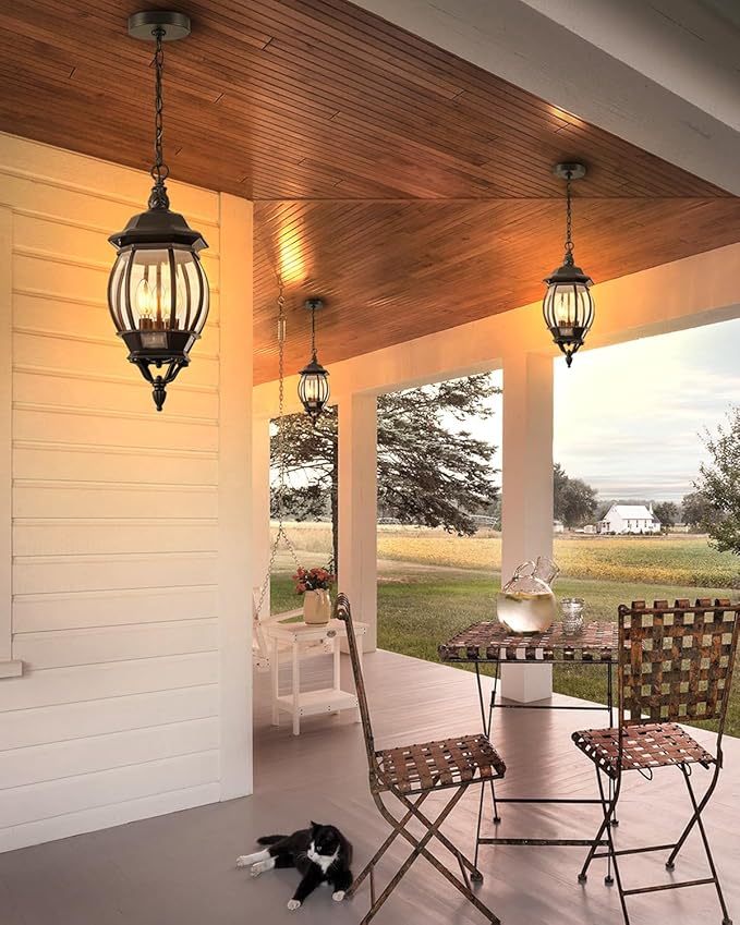 VIANIS 3-Light Large Pendant Light Fixtures Modern Exterior Hanging Lantern Light Waterpoof Matter Black Outdoor Chandelier for Porch with Adjustable Chain Outdoor Ceiling Lights for Front Patio