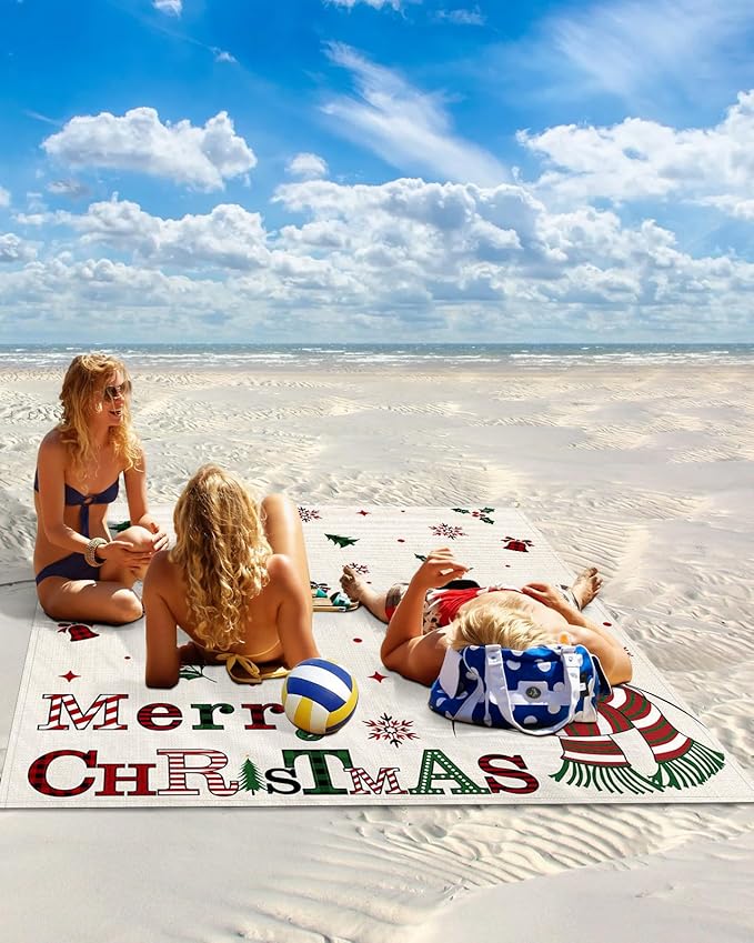 Beach Blanket Waterproof Sandproof OversizedMerry Christmas Snowman Winter Snow Beach Mat with Corner Stakes Sand PocketsBells Berries Seamless Outdoor Picnic Mat for Travel Camping Hiking 95x80In