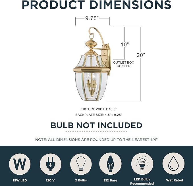 Quoizel Newbury 20 Outdoor Wall Lantern 2-Light Polished Brass with Clear Beveled Glass E12 Base French Country Style