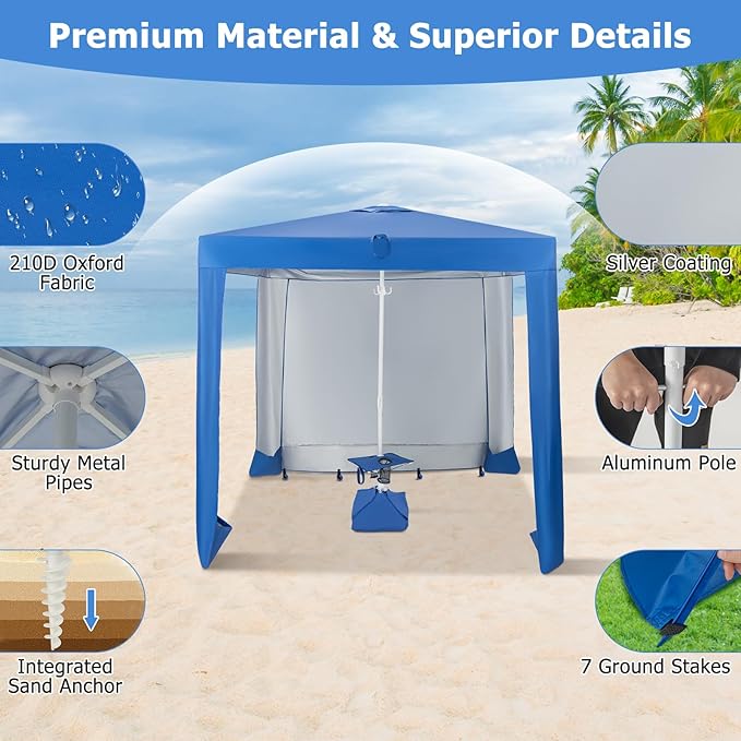 Tangkula 6.6x6.6 Ft Beach Cabana Portable Beach Canopy with Detachable Sidewall 5 Sandbags 2 Cup Holders Sand Anchor UPF 50+ Sun-Protection Outdoor Beach Umbrella Shelter with Carrying Bag