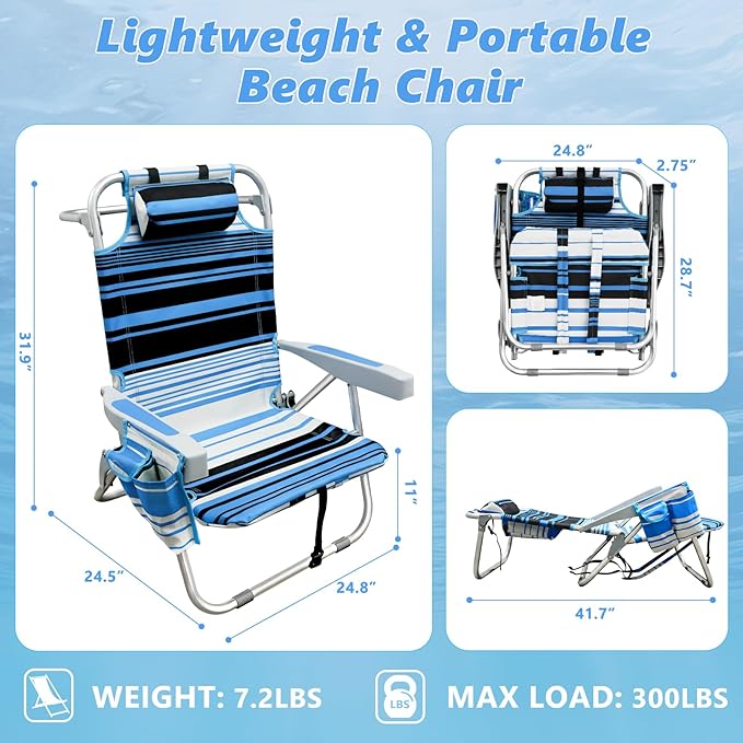 2 Pack Backpack Beach Chairs for Adults Folding Lightweight Beach Chair with Cup Holder and Padded Headrest 5 Positions Aluminum Reclining Heavy Duty Chair for Outdoor Camping PatioSupport 300LBS