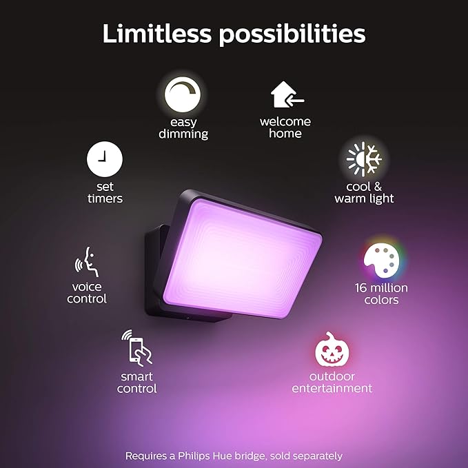 Philips Hue Discover Outdoor Smart Flood Light Fixture Black - 15W White and Color Ambiance LED Color-Changing Light - 2 Pack - Requires Hue Bridge - Control with Hue App and Voice - Weatherproof