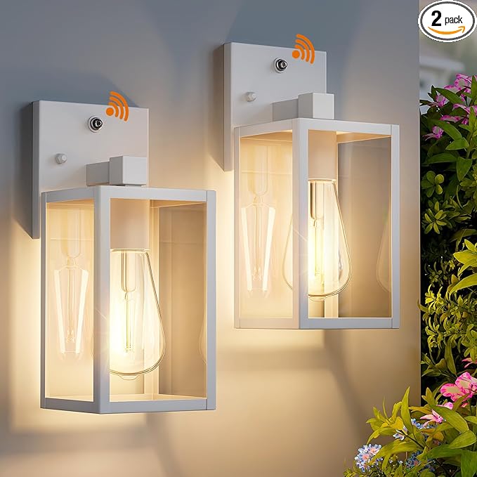 2 Pack White Dusk to Dawn Front Porch Lighting Fixtures Wall Mount Sensor Outside Exterior Lights for House Outdoor Lantern Lamp Waterproof Wall Sconce Lights Coach Light for Garage Entryway