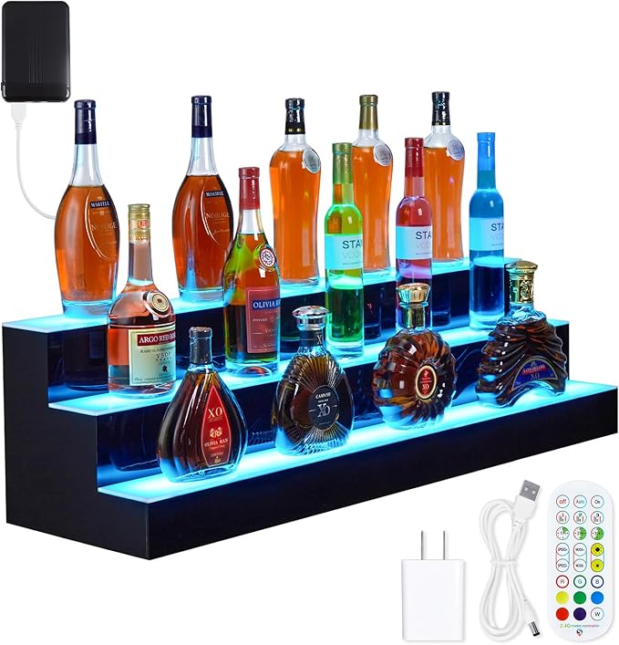 LED Lighted Wine Racks Countertop Wine Bottle Holder Liquor Bottle Display Shelf 3-Tier 40 Inch Acrylic Whiskey Rack with Remote &amp App Control USB Powered for Home Bar &amp Commercial Use