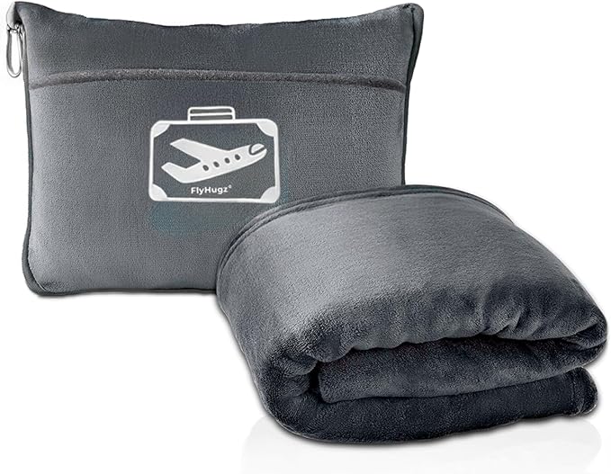 FlyHugz Grey Travel Blanket &amp Pillow Set (59.1x47.2) with Carry Case Luggage Sleeve &amp Clip – Portable Lightweight Breathable &amp Washable – Perfect for Plane Car Camping &amp Travel