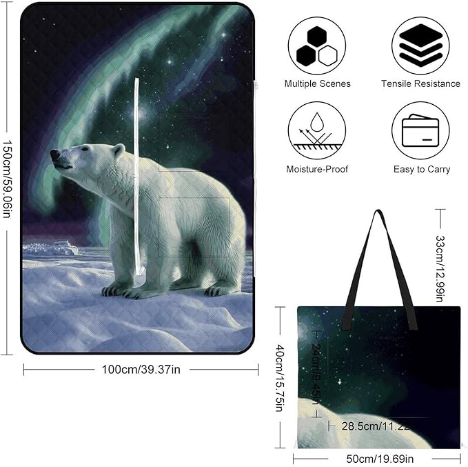 Zipper Polar Bears Northern Lights Style Picnic Mat Suitable for Travel Camping Park Or Home Use