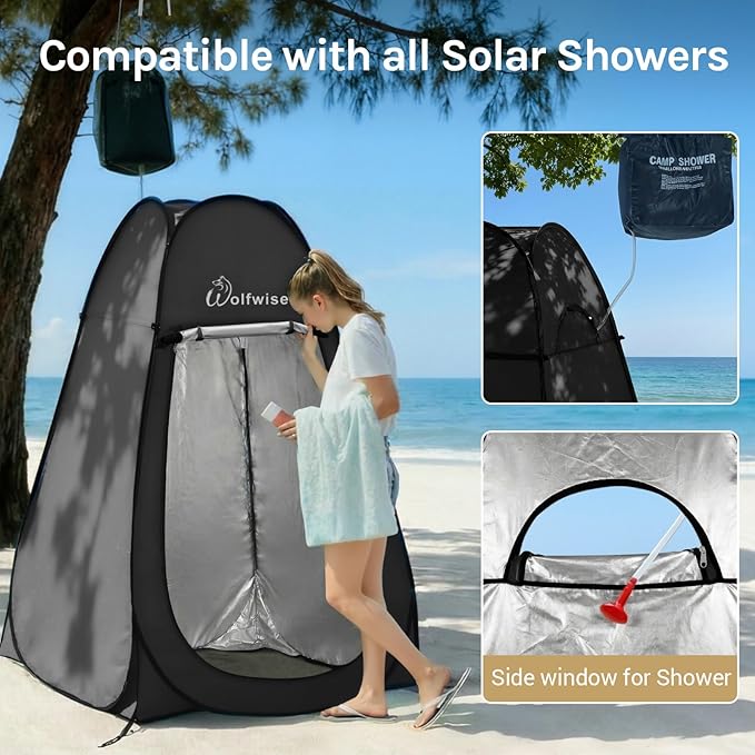 Wolfwise Pop Up Shower Tent Portable Instant Changing Tent with Ventilation Window &amp Carry Bag Privacy Bathroom Toilet for Beach Camping &amp Outdoor Width 47  Height 75  Silver-Coated Fa