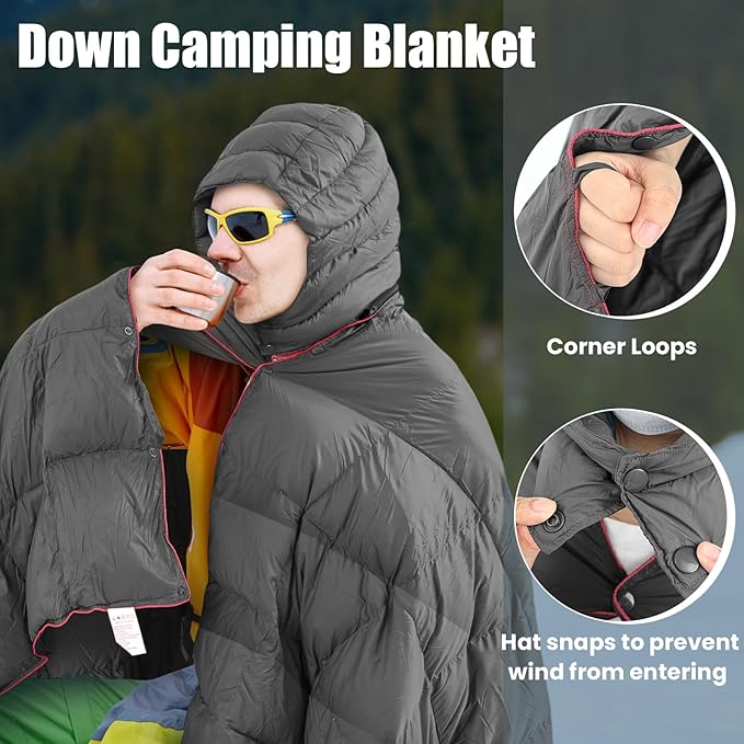 Upgraded Hooded Down Camping Blanket Waterproof 650 Fill Puffy Poncho Blanket 77 x 50 Packable Wearable Sleeping Bag with Detachable Hat Outdoor Stadium Camping 1.36 lb(Grey)