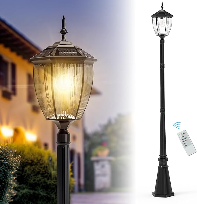 90'' H Solar Post Lights 2700K Solar Lamp Post Light Waterproof Dusk to Dawn Pole Lights Outdoor lamp Posts Lighting for Garden Patio Yard Pathway Gate Remote Control Black(Warm White)