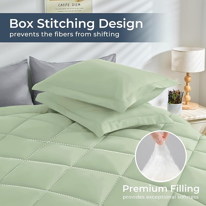HEVUMYI Twin-XL Comforter Set - 5-Piece All Season Bed in a Bag Twin-XL Ultra Soft Bedding Set with Comforter Flat Sheet Fitted Sheet Pillowcases Pillow Shams Sage Green &amp Light Grey