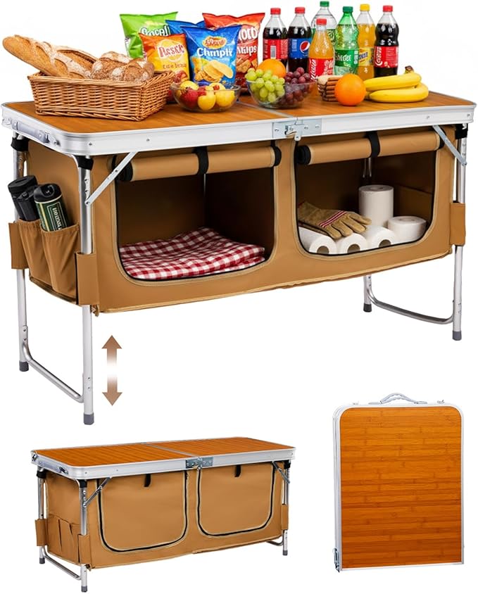 Outvita Folding Table 4FT Aluminum Camping Table with Large Storage Space and Adjustable Height Picnic Table Lightweight for Carring Outdoor Party Events Beach