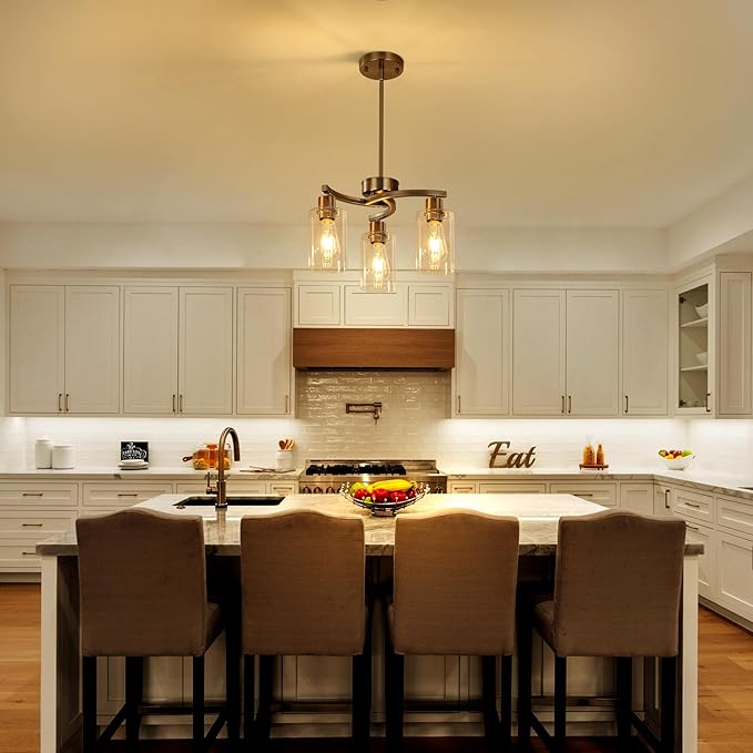 3 Light Brushed Nickel Dining Room Light FixtureModern Kitchen Chandeliers Over TableAdjustable Height Industrial Hanging Pendant Lights for Kitchen Island with Glass Shade