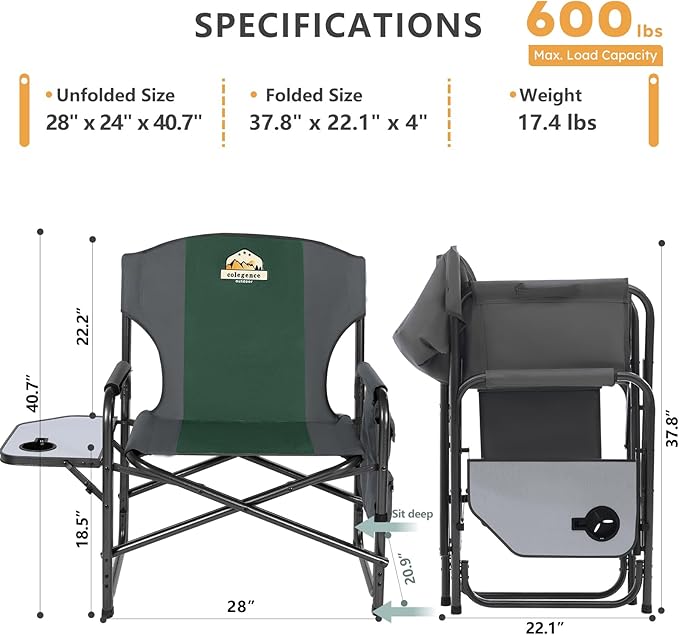 Oversized Directors Camping Chair Support 600 LBS Heavy Duty Folding Outdoor Chairs with Detachable Side Pocket and Adjustable Side Table for Outside BeachLawnFishing (Green)