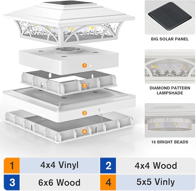 APONUO Solar Post Cap Lights 6 Pack - 4x4 5x5 6x6 Fence Post Lights Auto On/Off Waterproof IP64 2-Mode (Warm/Cool White) Deck Patio Yard Solar Light for Wood &amp Vinyl Posts White