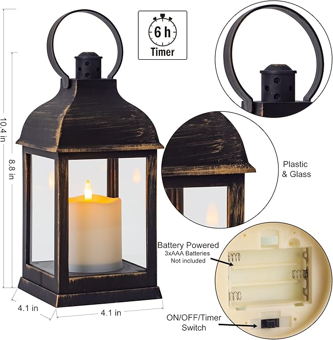 Vintage Lantern Decorative LED Flickering Flameless Candle with Timer Battery Powered LED Decorative Hanging Golden Brushed Black Lanterns for Indoor Outdoor Garden Yard Home Decor(2 Pack)