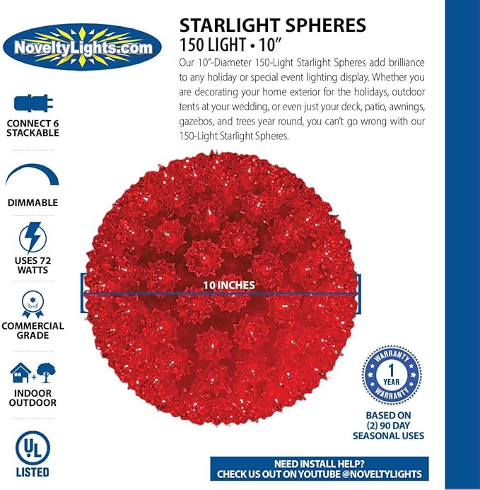 Novelty Lights 10in 150 Light Starlight Sphere Red Extra Large Ornament Ball Light 5ft Hanging Cord with S Hook 12ft Power Cord with Stackable Plug Commercial Grade