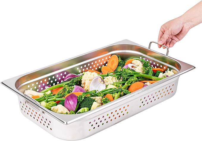 Restaurantware Perforated Steam Table Pan - Full Size - 4 Deep - Collapsible Handles - Anti Jam - Commercial Grade Stainless Steel - 1ct Box - Met Lux