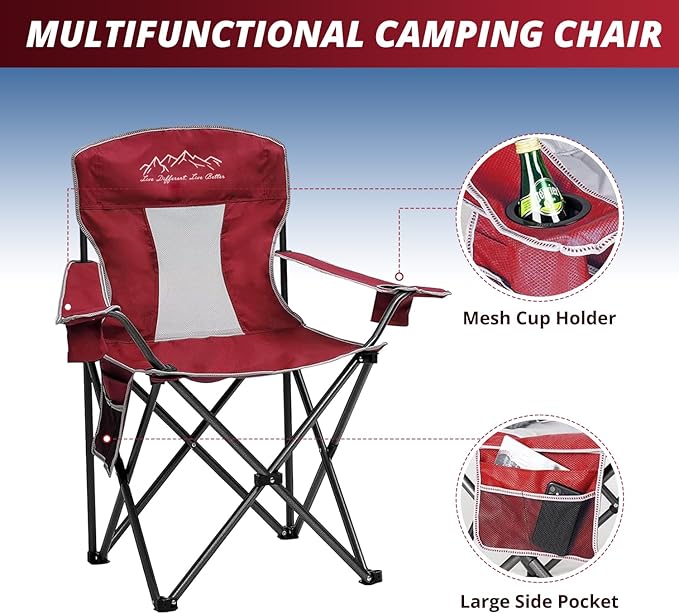 2PCS SAILARY Mesh Folding Camping Chairs Oversized Portable Outdoor Chairs Weight Capacity 325 lbs with Cup Holder Storage Pocket Carry Bag Red