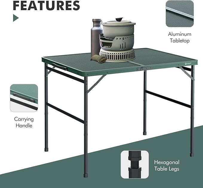 VILLEY Grill Table 3ft Folding Camping Table with Aluminum Adjustable Legs Portable Lightweight Camp Table for Beach Picnics and Outdoor Cooking
