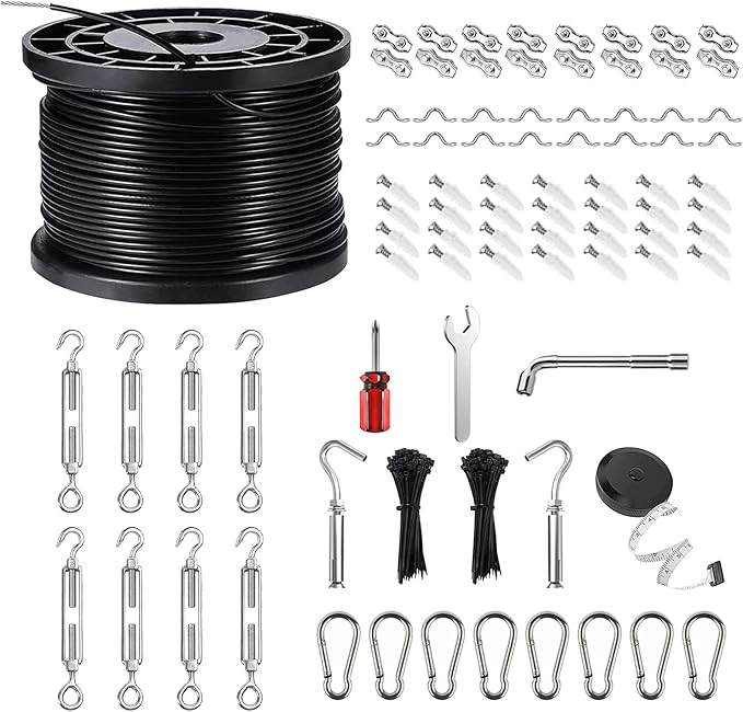 String Light Hanging Kits 450FT Coated Stainless Steel 304 Wire Rope Outdoor Black Guy Wire kit w/Expansion Hook Enough Accessories Humanized Collocation
