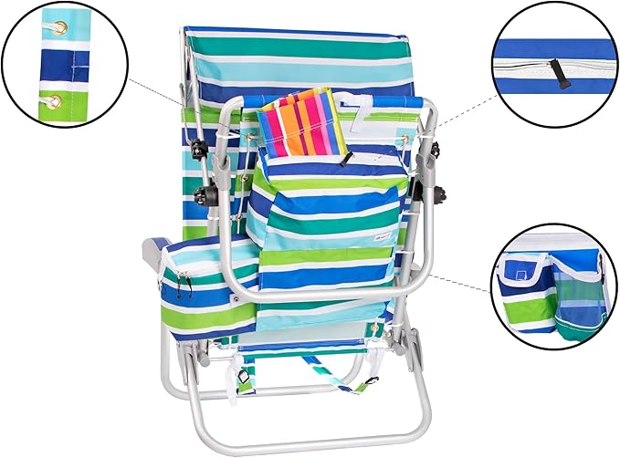 Ultimate Heavy Duty Aluminum Lace-Up Folding Backpack Beach Chair for Adults | Low Seat Lay Flat 5 Reclining Positions | Removable Insulated Cooler Pouch &amp Canopy for UV Protection