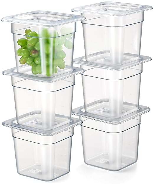 CURTA 6-Pack 1/6 Size 6 Deep NSF Polycarbonate Food Pans with Handled Lids &amp Drain Trays | Dishwasher &amp Freezer Safe Clear Container for Prep Tables Buffet Salad Bar Commercial &amp Home
