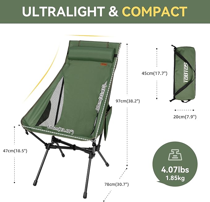 TOBTOS Portable High Back Camping Chair Support 440 lbs Ultralight Folding Chair with Head Support Compact Backpacking Chair for Outdoor Camp Backpacking Fishing (Green)