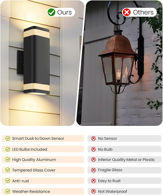 SHIMR Dusk to Dawn Outdoor Wall Light with Sensor 2 Pack Waterproof Up and Down Outdoor Sconce Lights Modern Black Aluminum Exterior Lighting Fixtures for Porch Patio Garage LED Bulbs Included