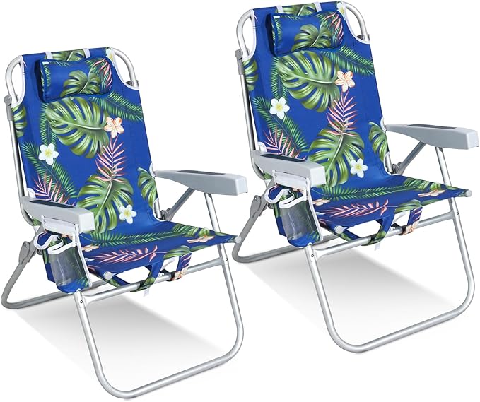 Tall Beach Chairs for Adults – 5-Position Reclining Backpack Chair with Large Insulated Cooler &amp Storage Pocket Portable Beach Chair for Travel &amp Outdoor Supports 300lbsTropical Palm 2 Pac