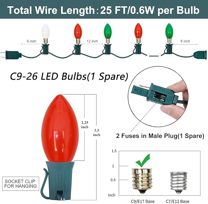 SUNSGNE C9 LED Outdoor Vintage Christmas Lights 25FT Christmas Tree Lights with 26 0.6W LED Red Green White Bulbs(1 Spare) for Patio Garden Holiday Home Décor Green Wire