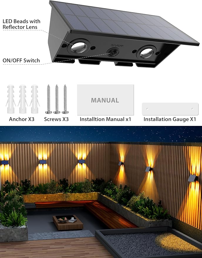Solar Fence Lights6Pack Solar Lights Outdoor 2700/4500/6000K 3 Modes Up &amp Down Wall Lights Waterproof 100 Lumens Dusk to Dawn Fence Light for Outside/Backyard/Pool/Railing/Patio/Porch/Step