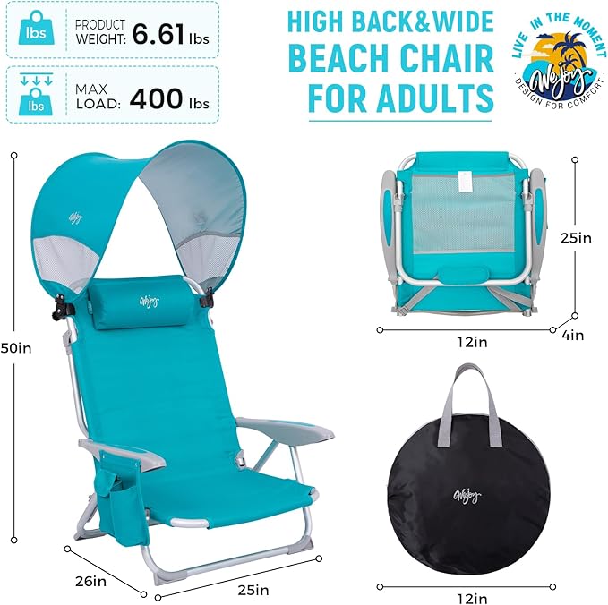 #WEJOY Beach Chair with Canopy Shade Reclining Adjustable 4 Position Lay Flat Lightweight Folding Portable Aluminum Chair with Backpack StrapsPadded headrest Heavy Duty 400lbs Lawn Chair for Beach
