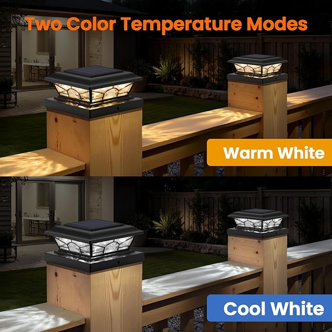 Brightever 4x4 Solar Post Cap Lights 12-Pack Solar Powered Fence Post Light Outdoor Waterproof for Vinyl/Wooden Post 2 Modes(Warm/Cool Light) Black Solar Deck Post Lights for Garden Patio Porch
