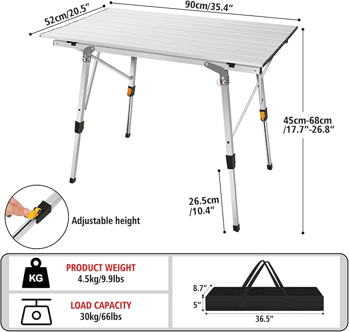 Portable Camping Table with Adjustable Height Legs and Lightweight Aluminum Roll Up for Outdoor Activities Beach Fishing Garden BBQ.