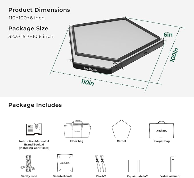 ACACIA Air Floor 2-3 Person for Space Camping System 4-Layer 6-Inch-Thick Inflatable Floor for Floating Tent Waterproof Moistureproof Camping Base with Removable Carpet Repair Patch Carry Bag