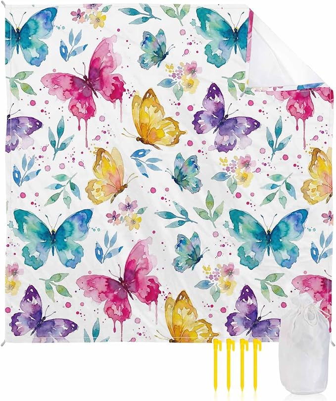Beach Blanket Waterproof Sandproof OversizedWatercolor Country Butterflies Beach Mat with Corner Stakes Sand PocketsSpring Flowers Art Outdoor Picnic Mat for Travel Camping Hiking108x84In