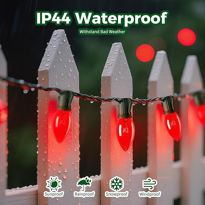 Minetom C9 Red Christmas String Lights 25FT 25 Blubs Bright &amp Warm Outdoor Christmas Lights Long Life C9 String Lights for Tree Patio Gazebo Wreath Green