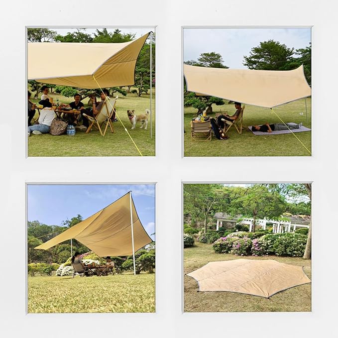 16x16 ft Large Camping Tarp Waterproof Hammock Rain Fly Camping Awning Khaki (Including Poles)