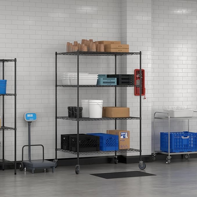 Commercial NSF Listed Black Epoxy Mobile Wire Shelving Kit 36 x 48 x 80 with 4 Shelves Perfect for Warehouse Walk-in Refrigerator Freezer Grocery Store Restaurant Dishroom