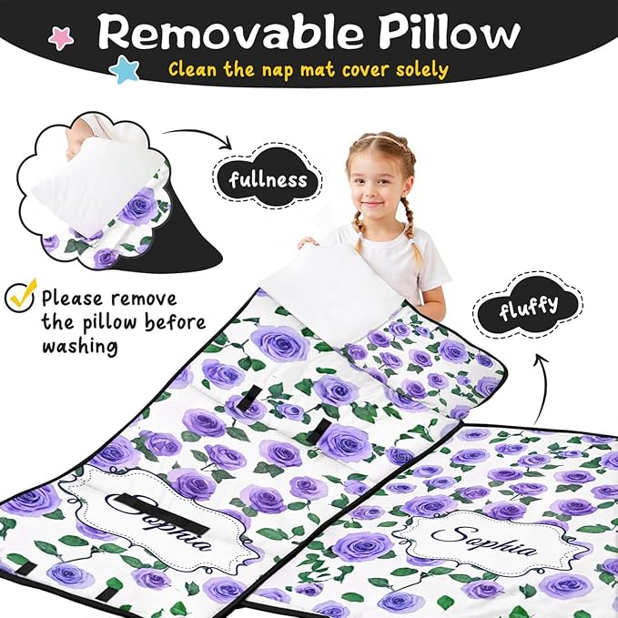 Custom Toddler Nap Mat with Name – Personalized Sleeping Bag for Kids with Pillow and Blanket Roll-Up Design