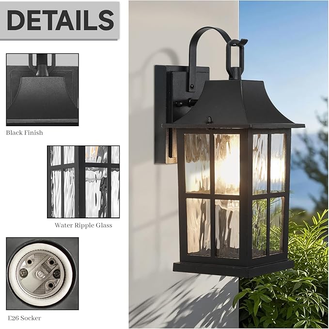 Outdoor Light Fixture IP44 Waterproof Rustproof Porch LightAluminum &amp Water Pattern Glass Exterior Sconce13-inch Black Outdoor Sconce Lights for Front Door Garage Patio (UL-Certified)