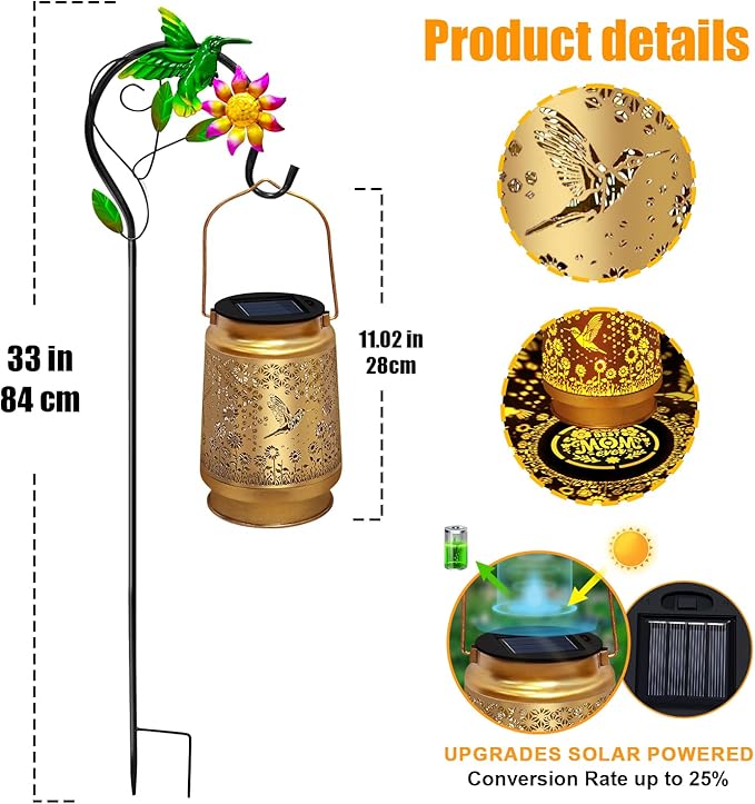 Hummingbird Solar Lanterns Outdoor WaterproofMetal Garden Decor with Sheep Hook for Yard PorchGarden Decor Birthday Gifts for Women Mom Grandma Sister