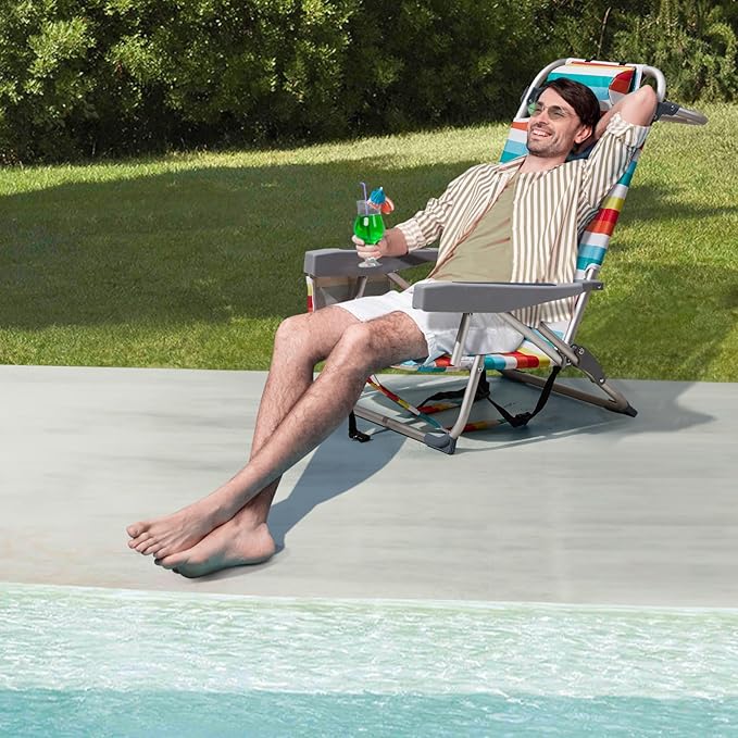 Folding Beach Chair Lightweight Folding Webbed Lawn Beach Chair for Adults with Headrest and Cup HolderLow Beach Chair 5 Position Lay FlatOutdoor ChairCollapsible ChairsRainbow Stripes