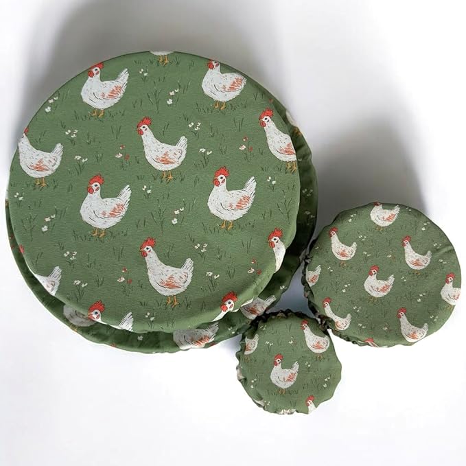 (4-Pack) Sourdough Reuseable Jar &amp Bowl Covers | Cute Baking Gift | 100% Cotton | Washable | Bread Proofing | Kitchen Food Storage Gifting | Starter Cover Lid Kit (Chickens)