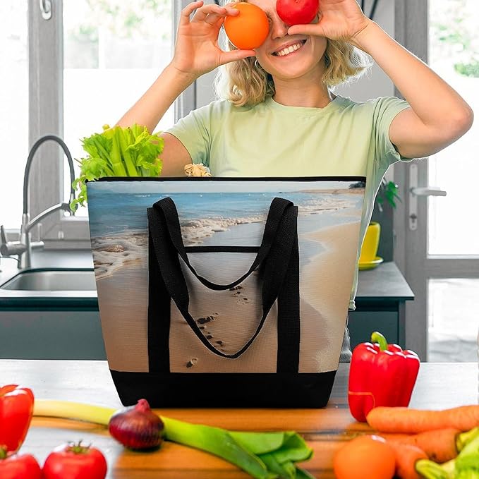Insulated Shopping BagLarge Reusable Cooler Bags Beach Footprints Printed Foldable Shopping BagTravel Waterproof Shoulder Bag