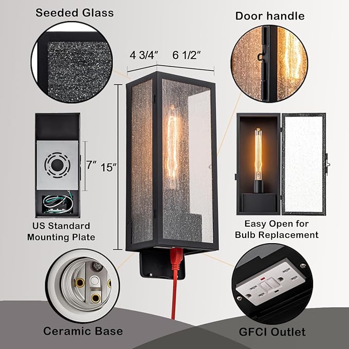 Porch Light with GFCI Outlet Matte Black Exterior Lighting Fixtures Waterproof Aluminum Outdoor Light Fixture with Seeded Glass Anti-Rust Outdoor Wall Lights for House