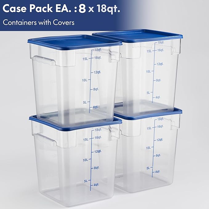 CURTA 8-Pack 18 Qt NSF Clear Polycarbonate Food Storage Containers with Blue Lids - Square Commercial-Grade Freezer &amp Dishwasher Safe Stackable