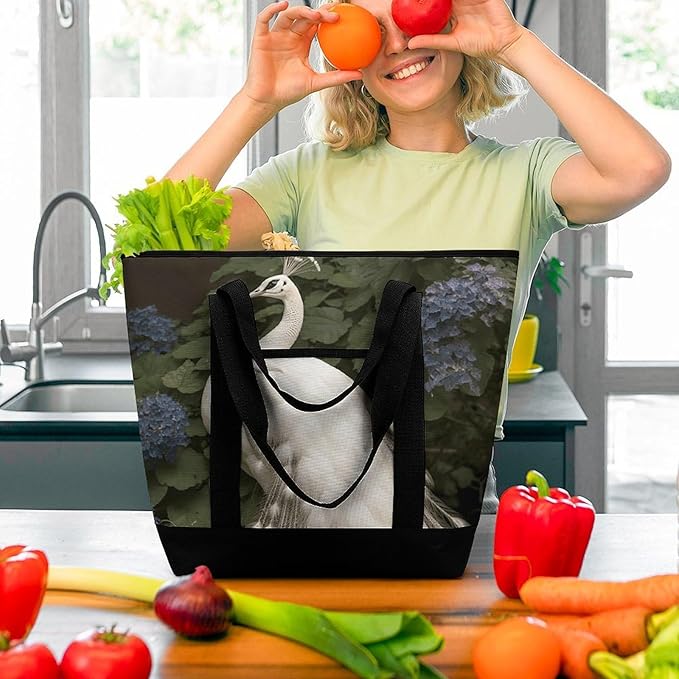 Insulated Shopping BagLarge Reusable Cooler Bags White Peacock Printed Foldable Shopping BagTravel Waterproof Shoulder Bag